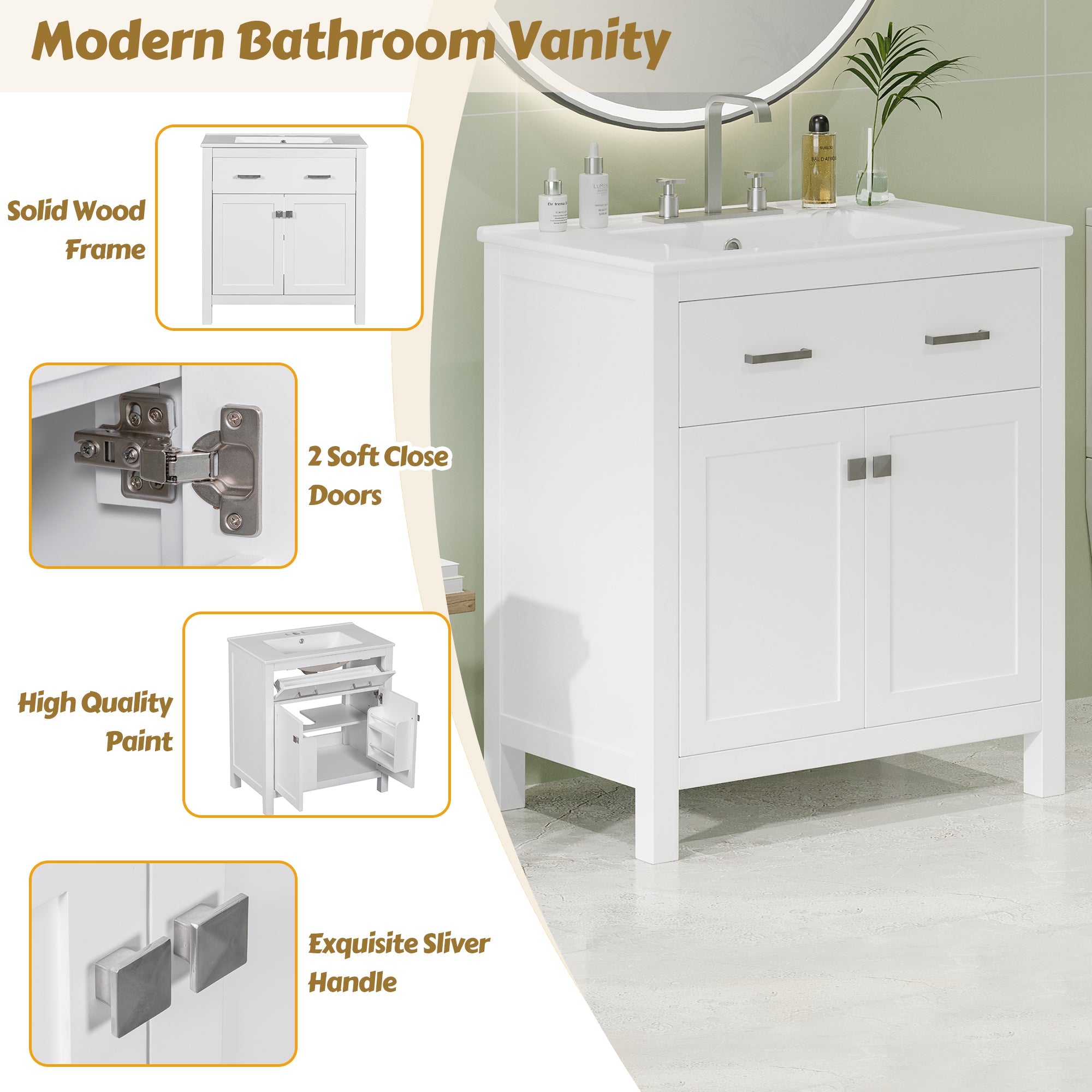 30-Inch Bathroom Vanity with Ceramic Sink, Modern