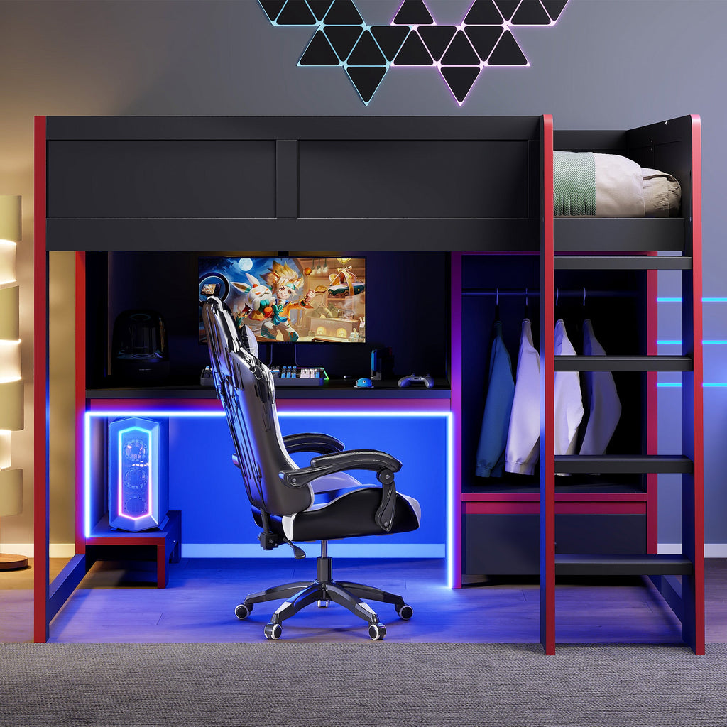 Wood Full Size Gaming Loft Bed with Built-in Desk, Wardrobe, LED and Drawer