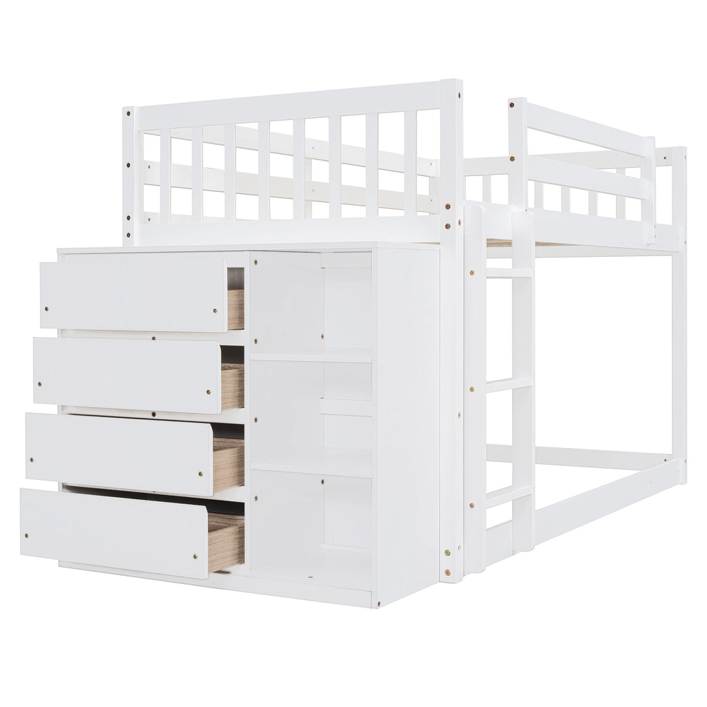 Twin Over Twin Bunk Bed with 4 Drawers and 3 Shelves - White