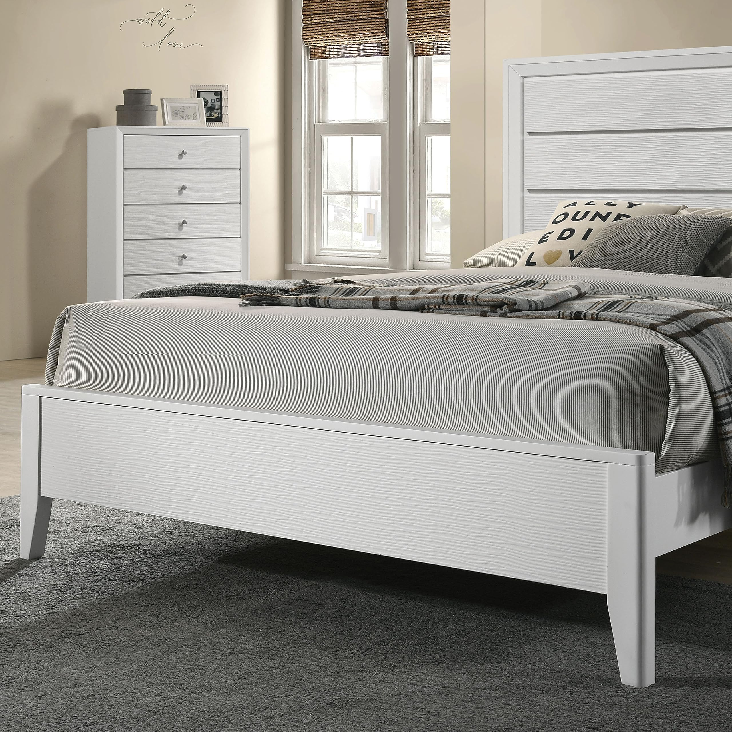 White Cal King Size Bed 2x Nightstands Wave Texture Panel HB