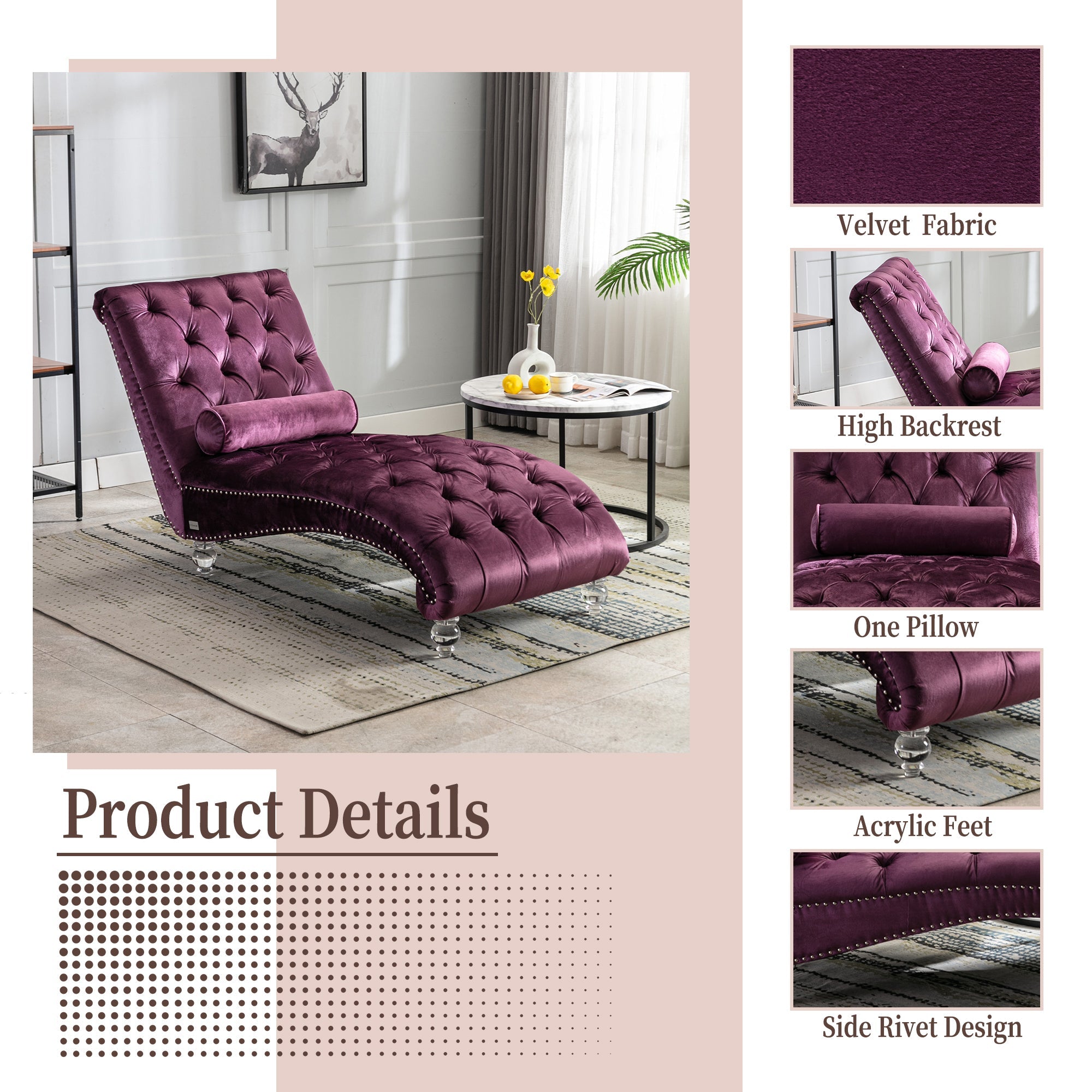 Velvet Chaise Lounge Indoor Chair (Purple Velvet)