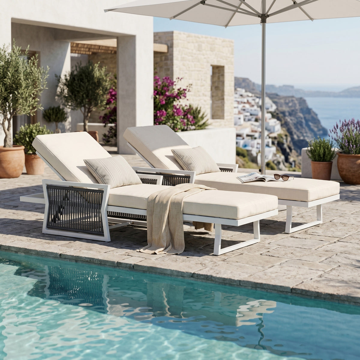 White Iron Outdoor Chaise Lounger Set