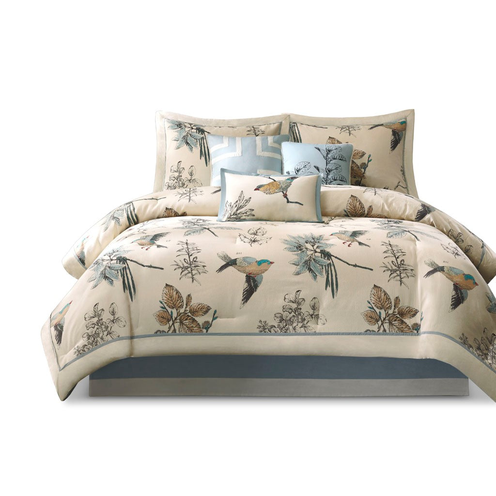 7 Piece Printed Cotton Twill Comforter Set - Khaki Cal King