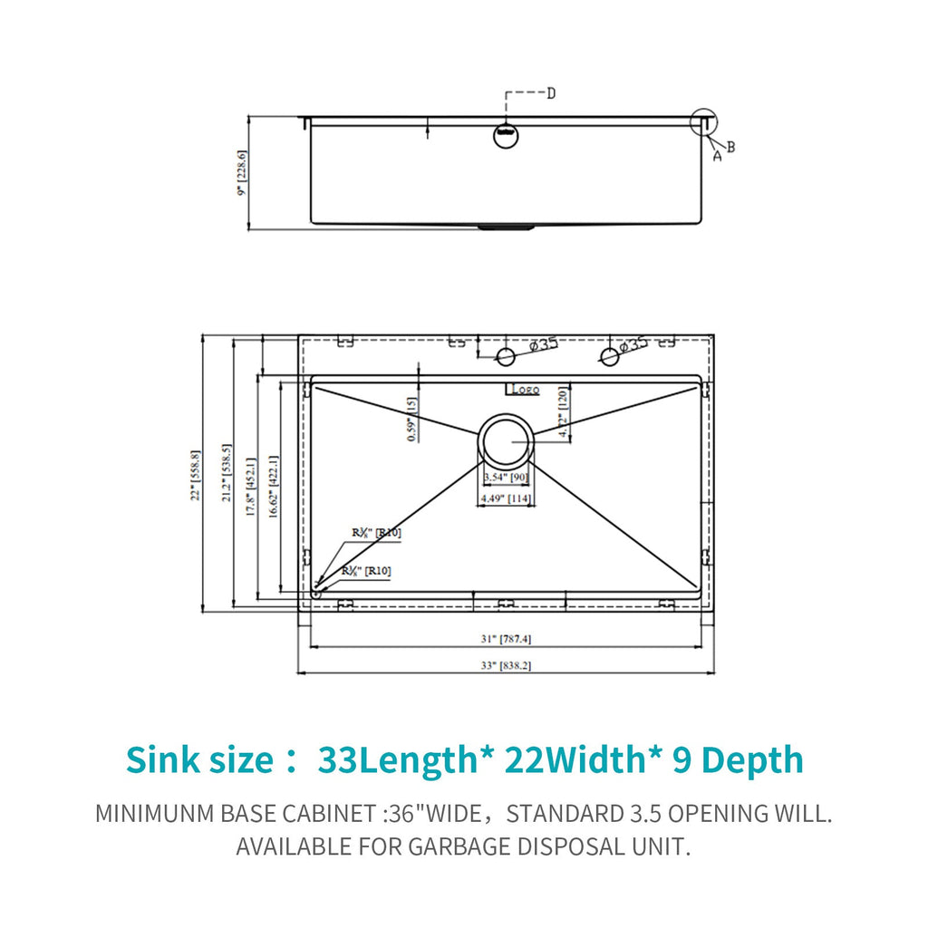 33" Drop In Kitchen Sink - Gunmetal Finish