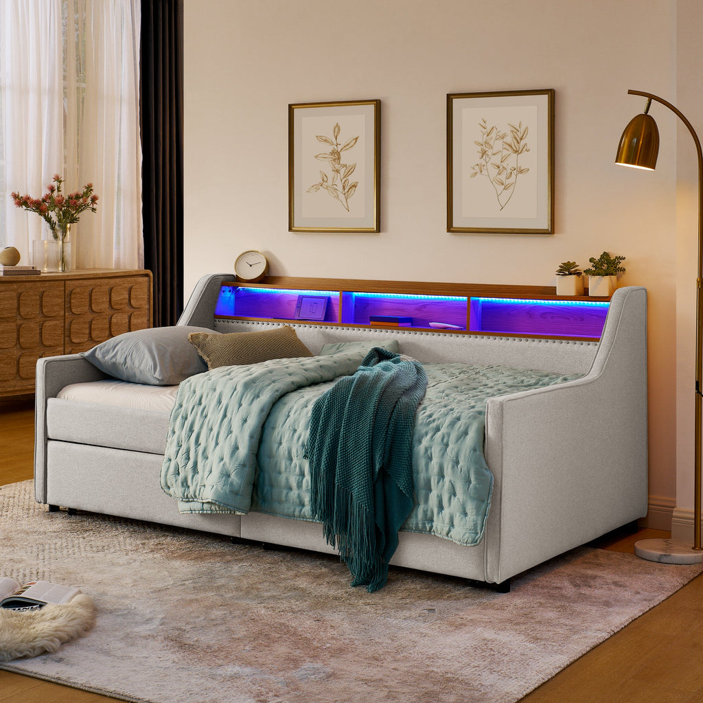 Twin Size Upholstery Sofa Bed with LED Lights