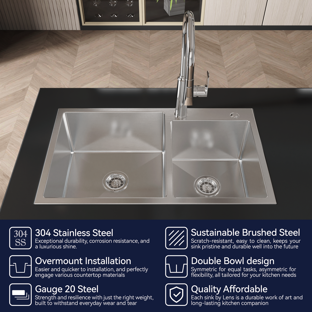 Stainless Steel Kitchen Sink, 32″x19″ Double Bowl in Brushed Nickel
