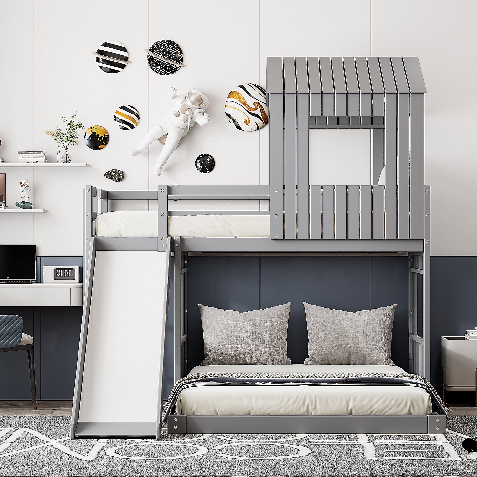 Wooden Twin Over Full Bunk Bed, Loft Bed with Playhouse