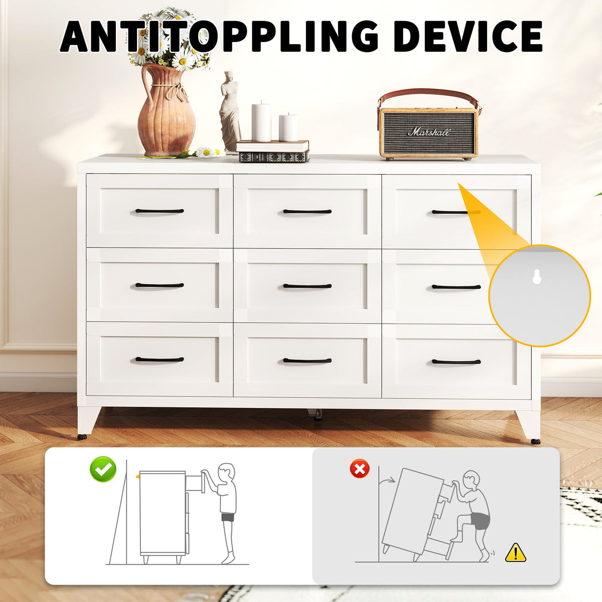 9 Drawer Dresser for Bedroom, Metal Profile Chest of Drawers