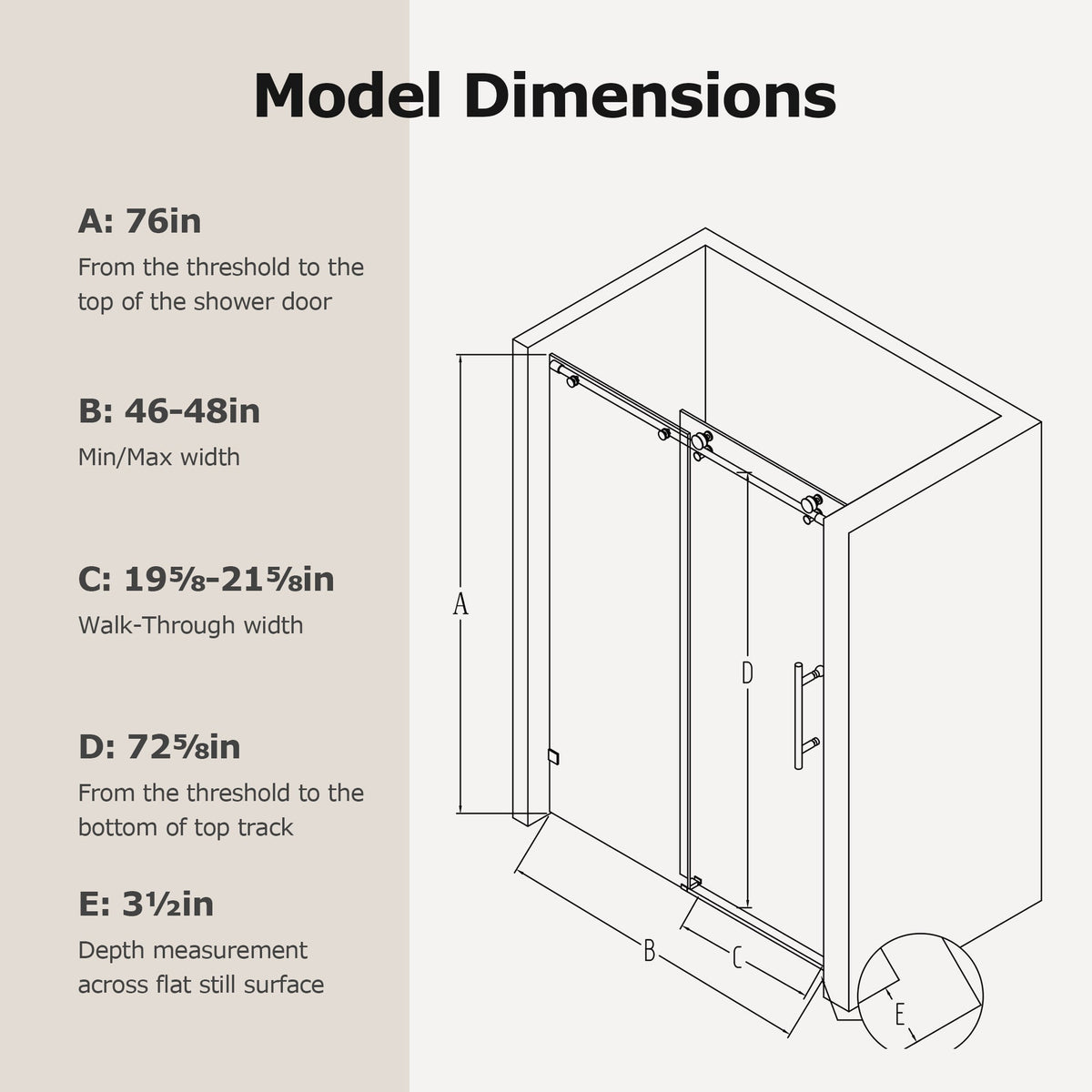 46-48" W * 76" H Frameless Single Sliding Shower Doors