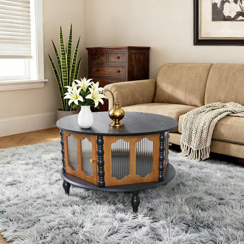31.5" Round Wooden Coffee Table With Storage