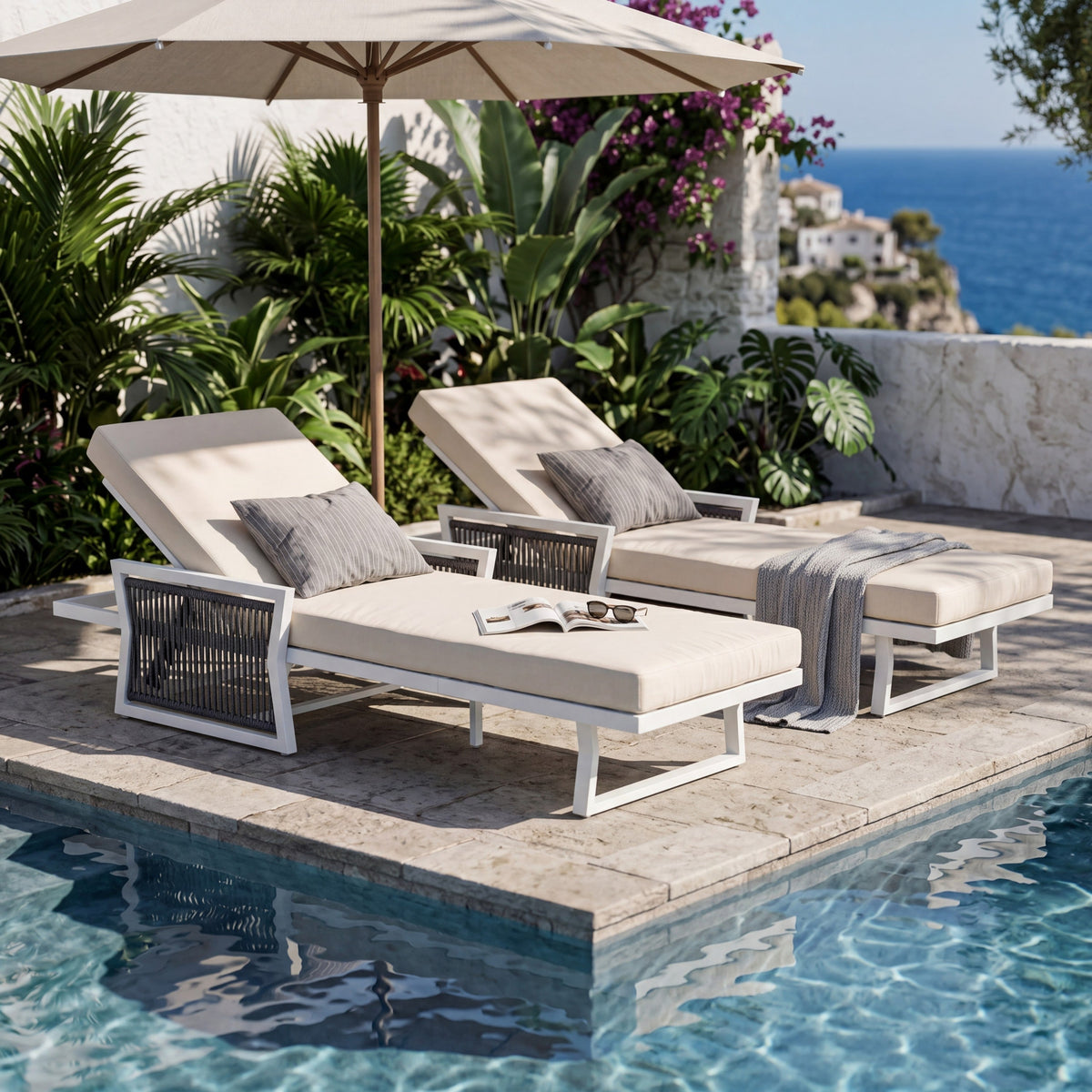 White Iron Outdoor Chaise Lounger Set