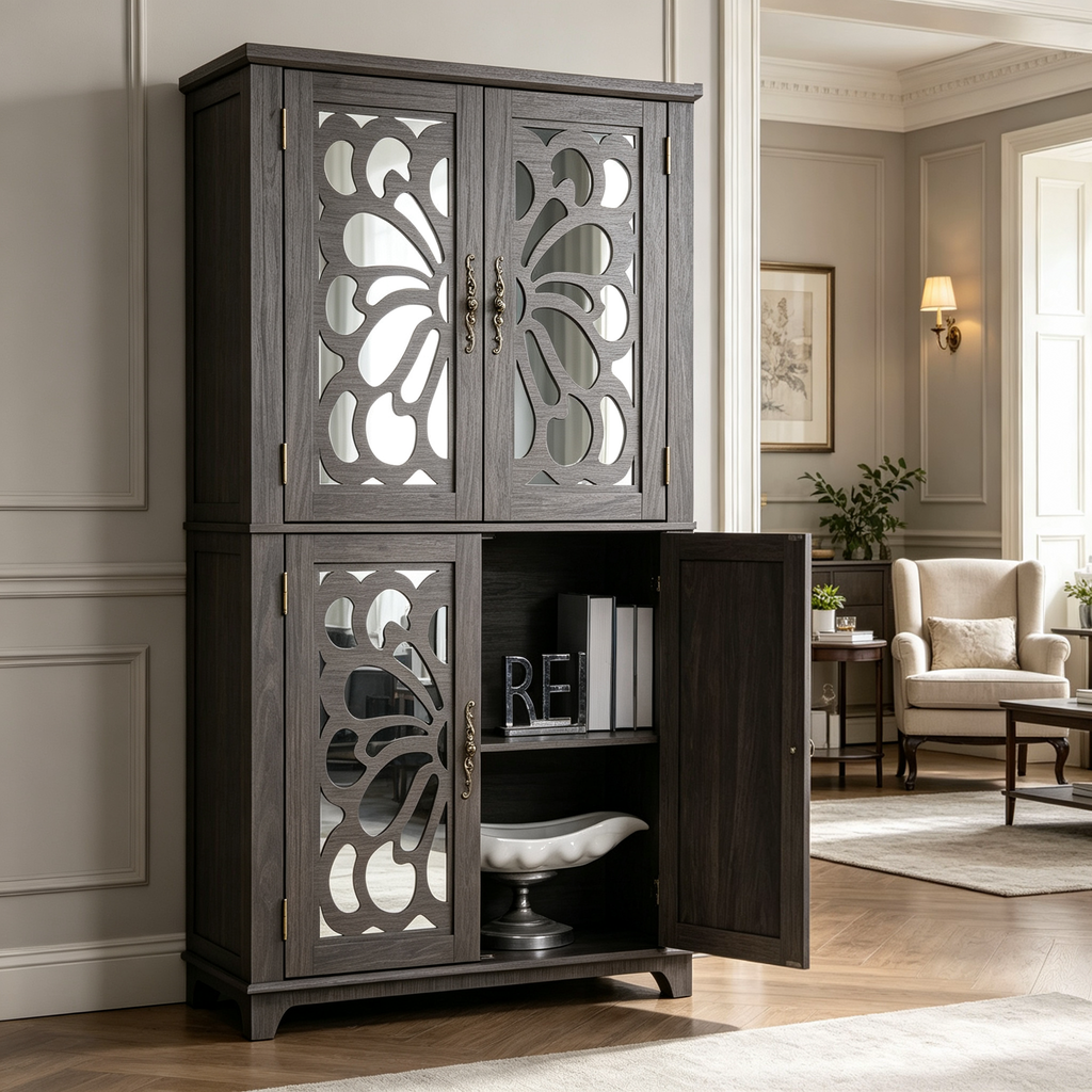 Display Sideboard Buffet with 4 Acrylic Mirrored Doors