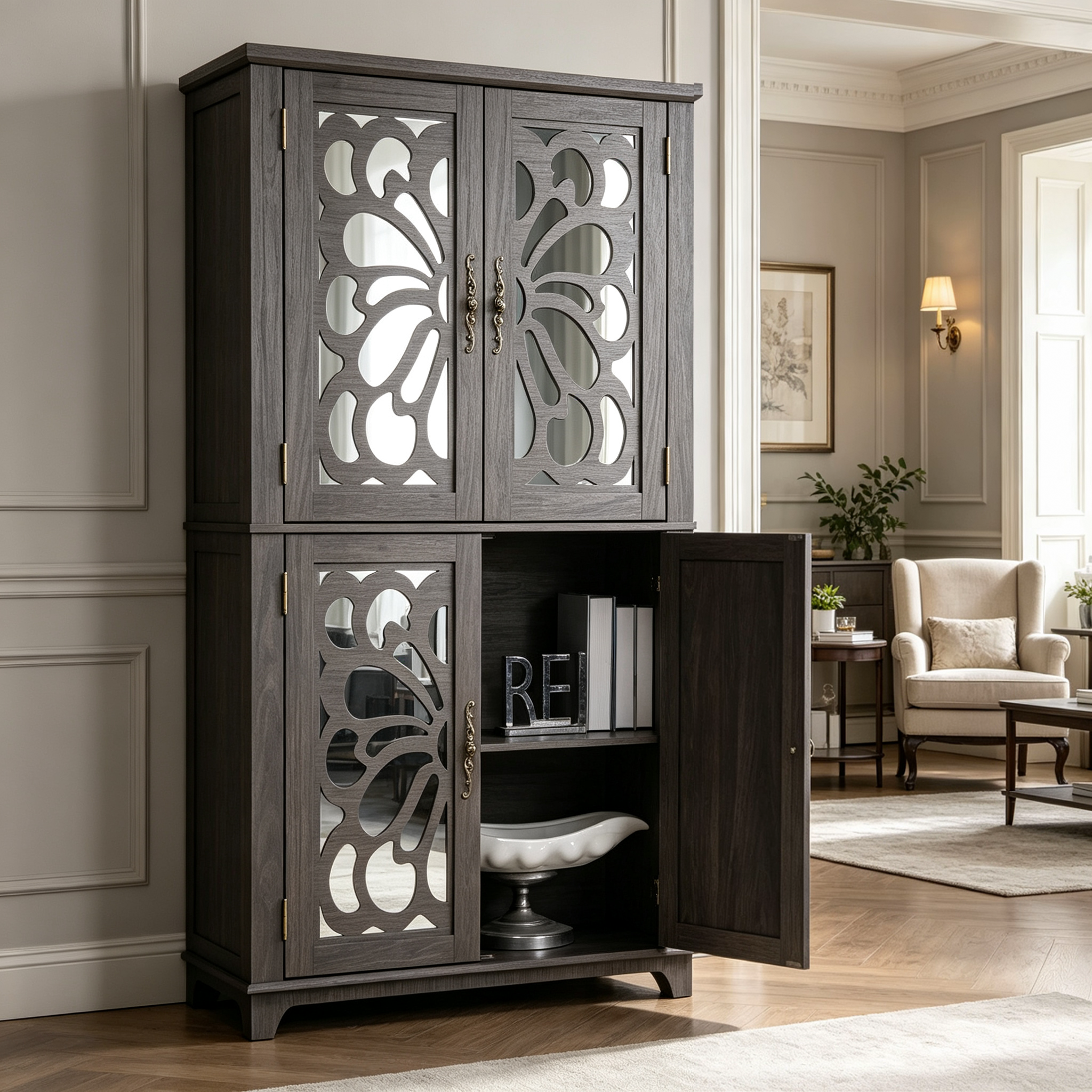 Display Sideboard Buffet with 4 Acrylic Mirrored Doors