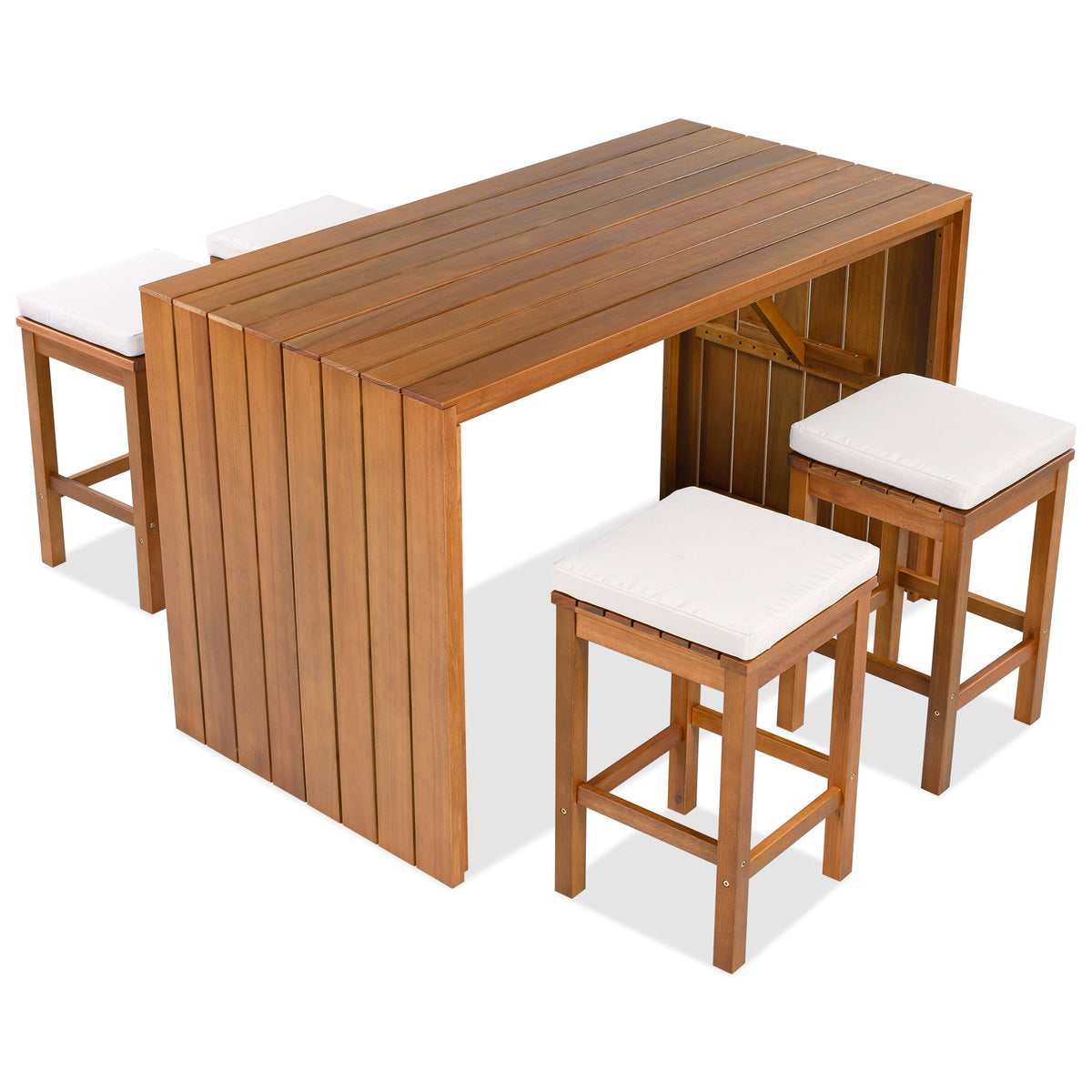 5 Piece Outdoor Bar Set, Patio Acacia Wood Bar Height Table & Stools