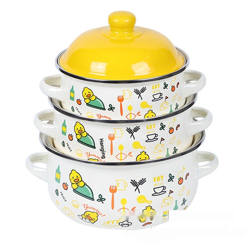 Double-handled Enameled Instant Noodle Bowl With Lid, Heat-resistant Oil Can