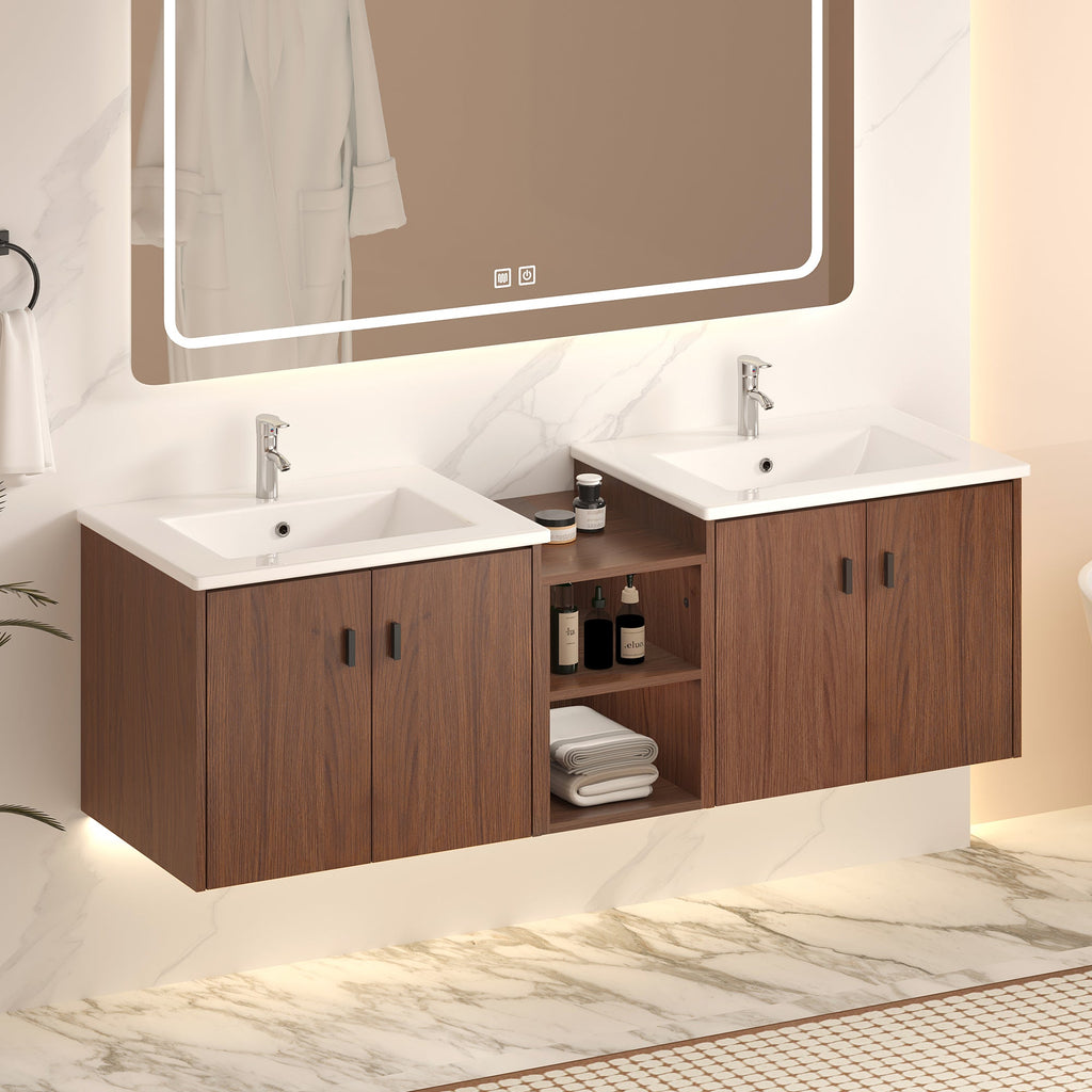 60in Reddish Brown Bathroom Vanity with Soft Close Doors