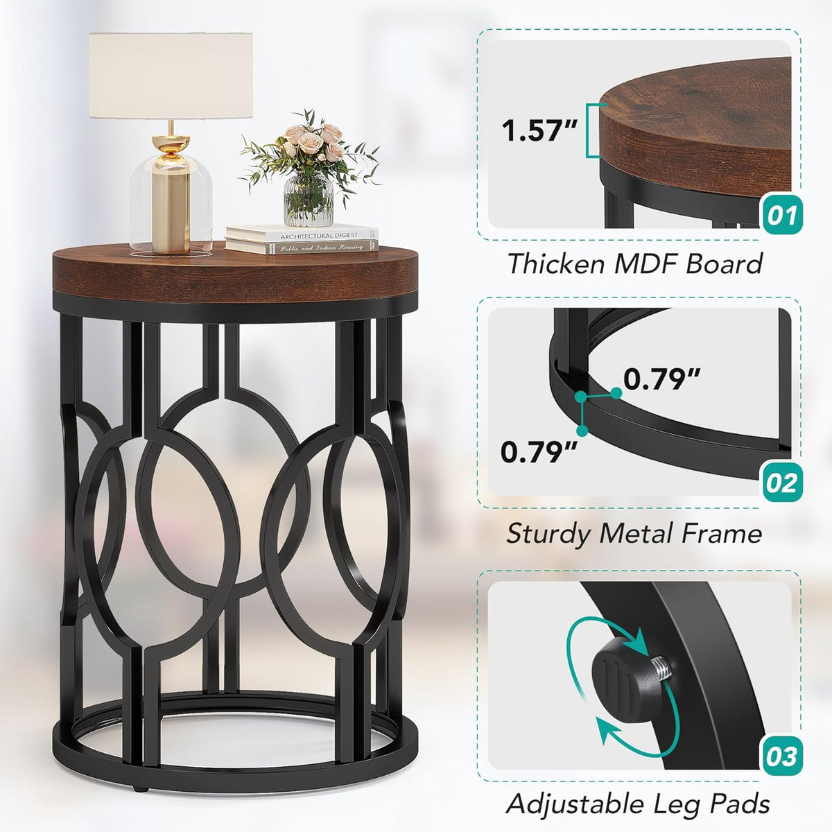 20" Round Industrial Side Table with Metal Openwork Frame