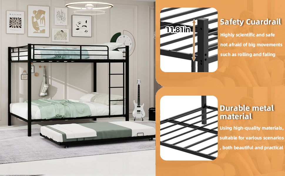 Durable Square Tube Iron Bunk Bed Featuring Safety Rails