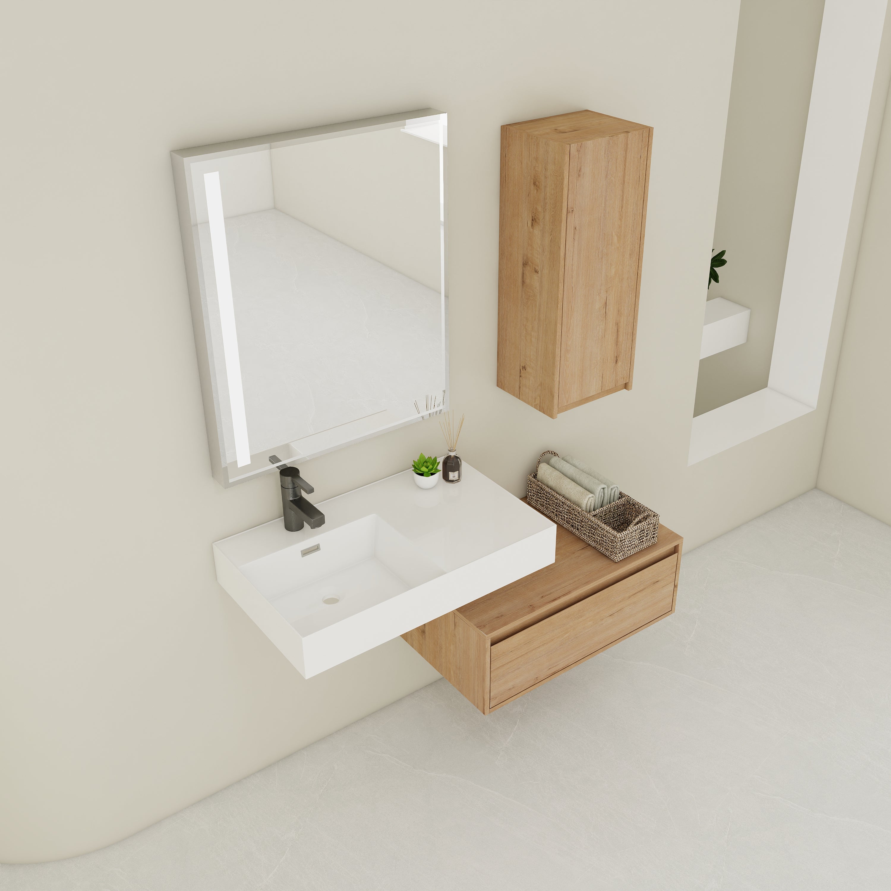 30 Inch Wall-Mounted Bathroom Vanity with Resin Sink and Side Cabinet