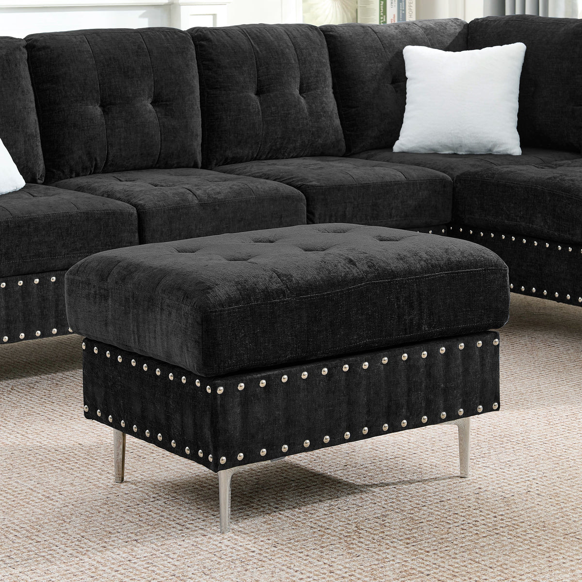 L-Shaped Chenille Sectional Sofa with Chaise and Storage Ottoman