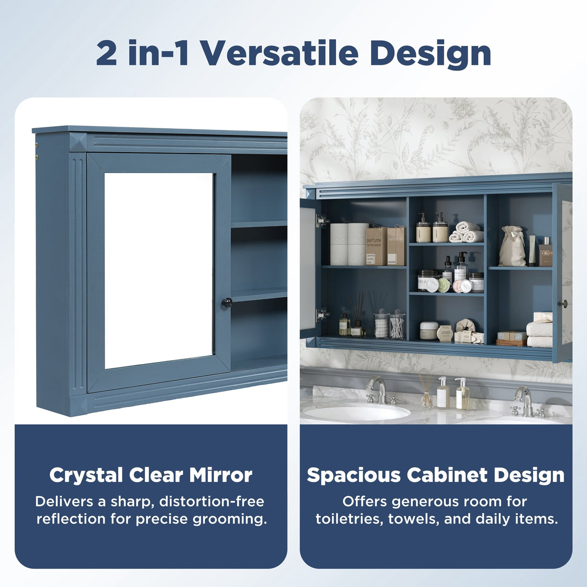 55 Inch Wall-Mount 2-in-1 Mirror Cabinet with Adjustable Shelves