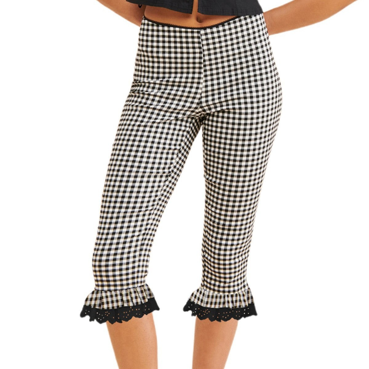 Womens Capri Pants With A Plaid Lace Flounce Hem
