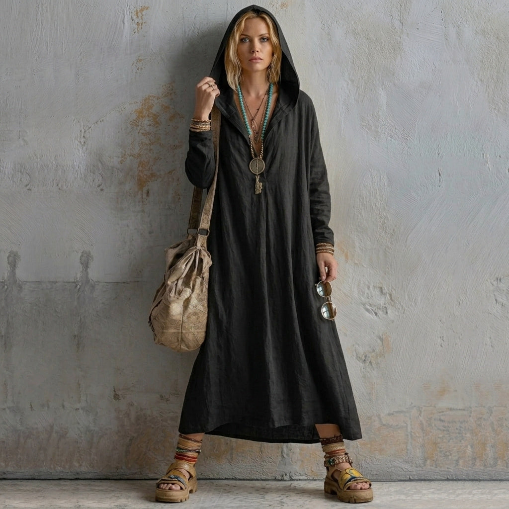 European And American Cross-border 2026 Autumn New Women's Dress, Loose Casual Style With Pockets, Long-sleeved V-neck Hooded Long Dress