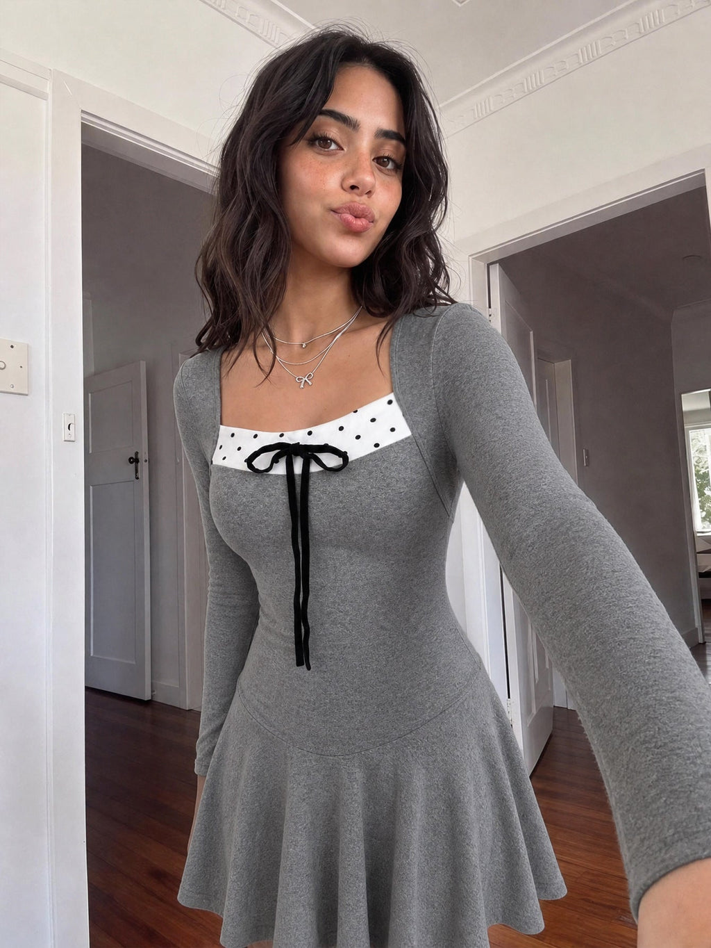 New Arrival Square-neck Long-sleeve Polka-dot Dress That Flatters