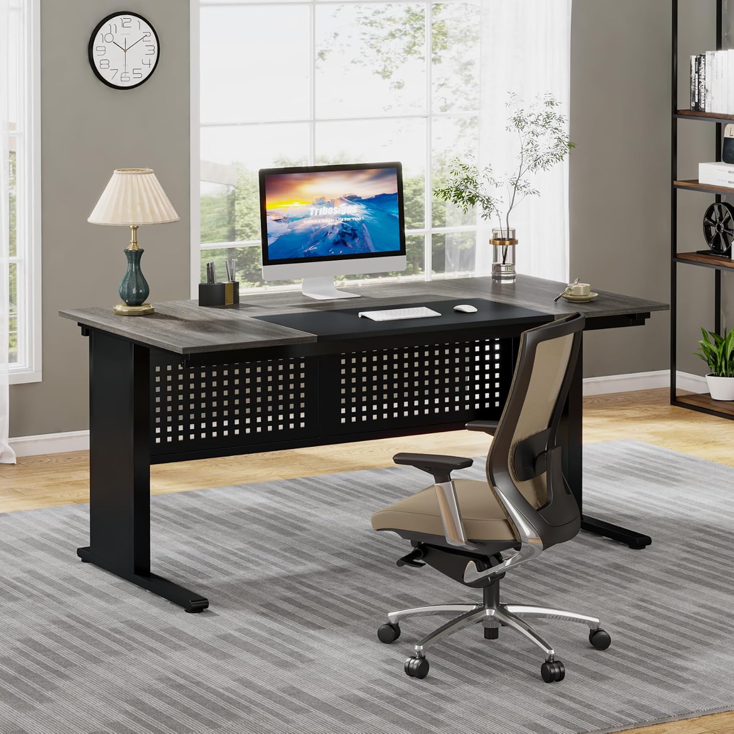 63" L-Shaped Executive Desk with File Cabinet