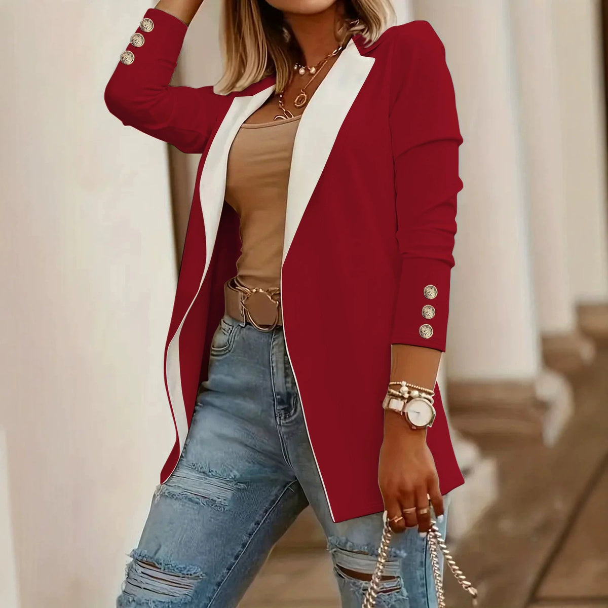 Notch-lapel Contrast-color Slim-fit Long-button Blazer