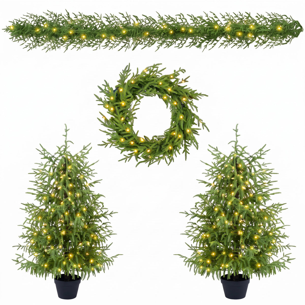 4-Piece Christmas Tree Set – 2 Trees, Wreath, and Garland