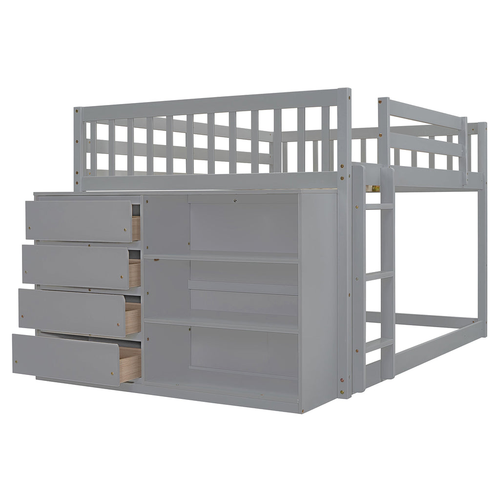 Full Over Full Bunk Bed with 4 Drawers and 3 Shelves - Gray