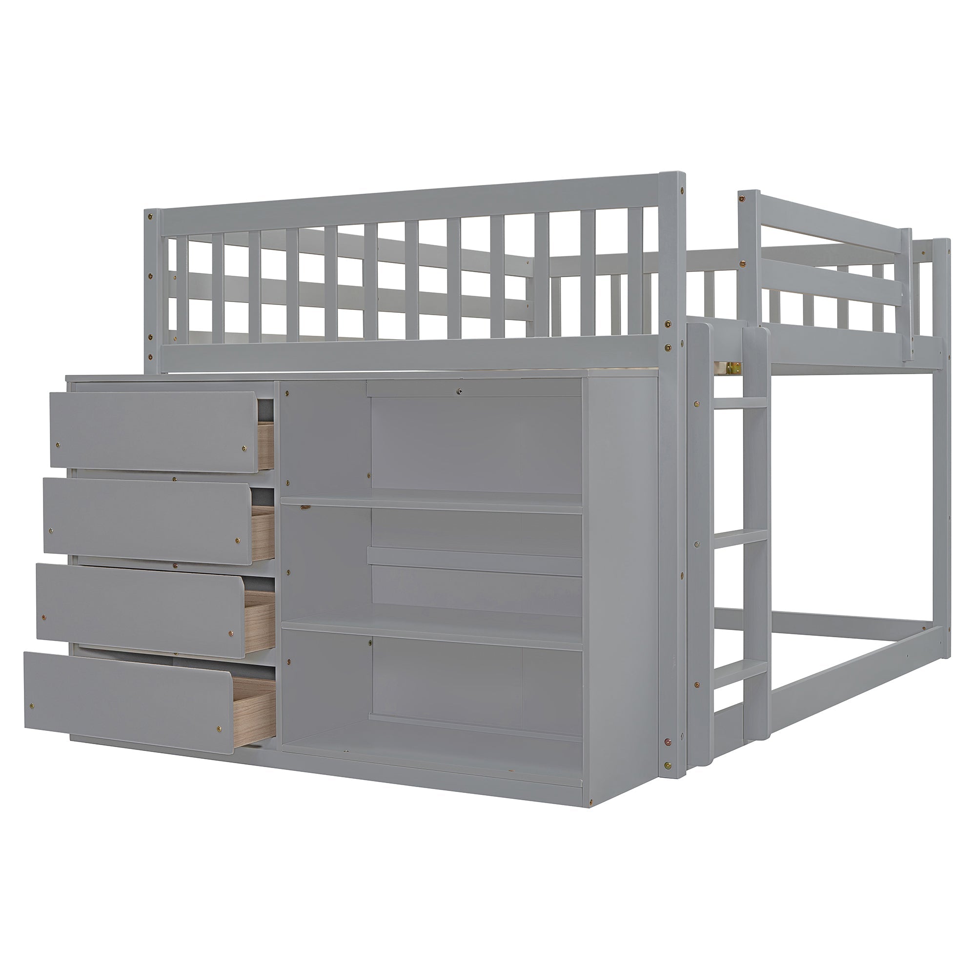 Full Over Full Bunk Bed with 4 Drawers and 3 Shelves - Gray