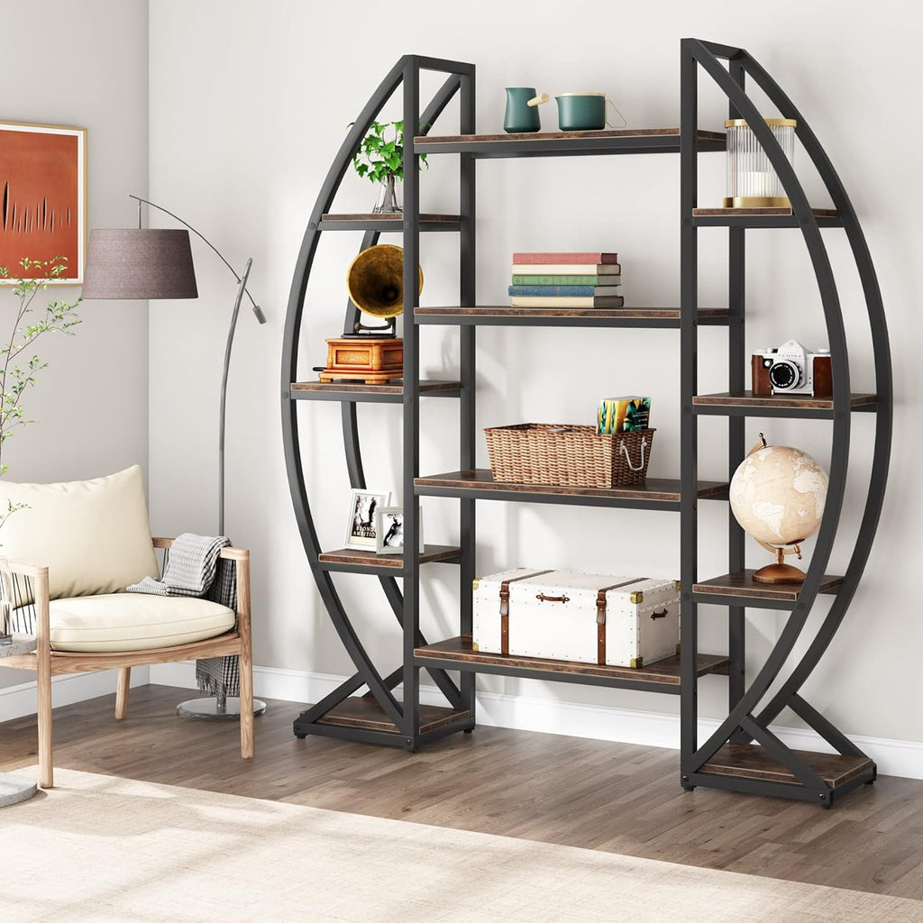 55" Triple Wide Oval Industrial Rustic Bookcase