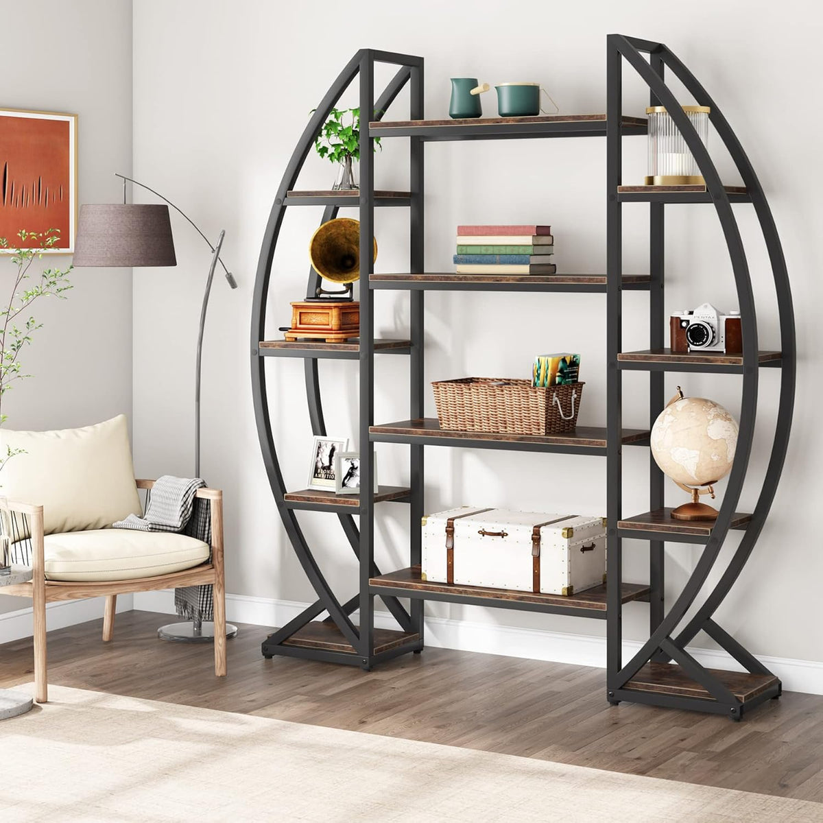 55" Triple Wide Oval Industrial Rustic Bookcase