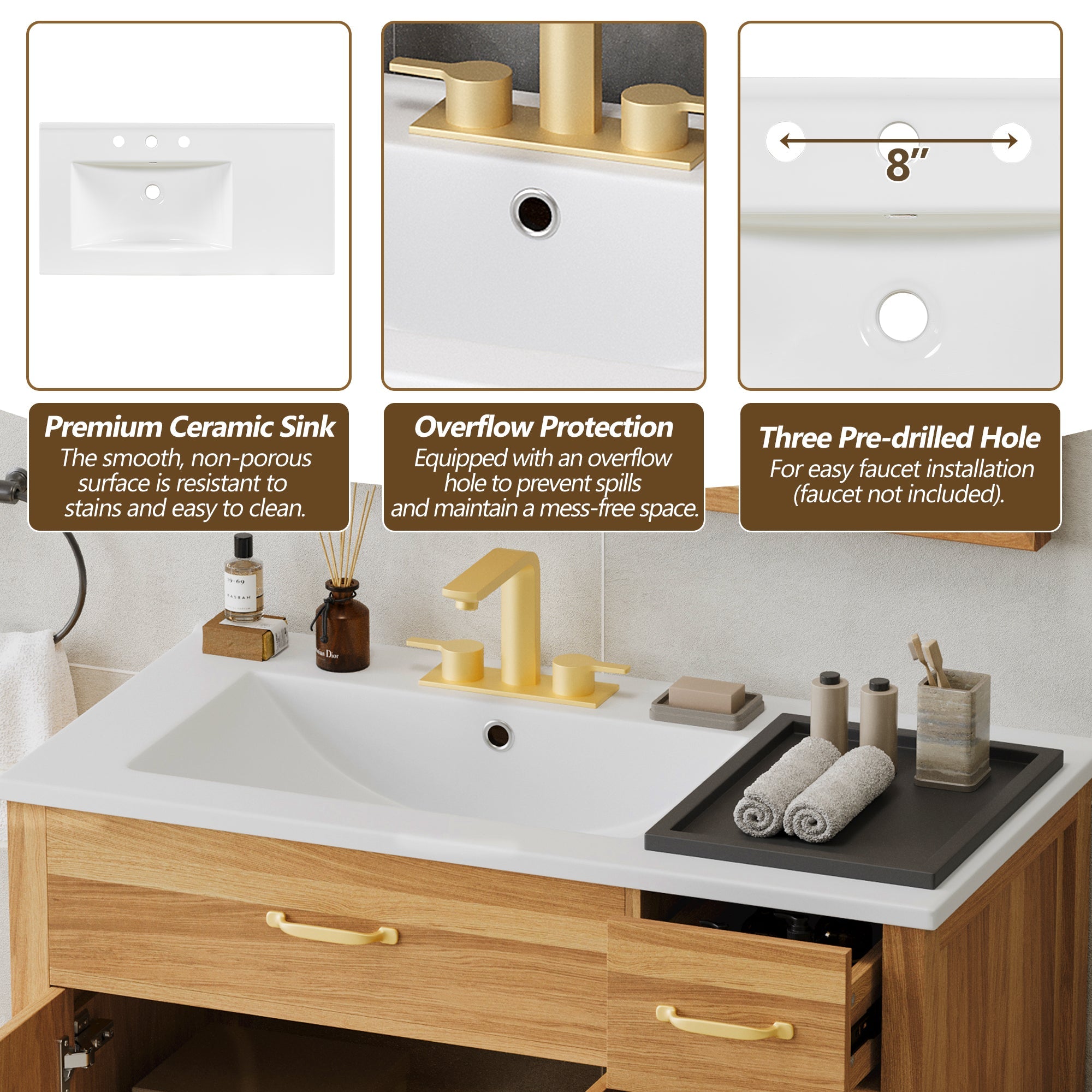 36" Wood Bathroom Vanity with Solid Wood Frame