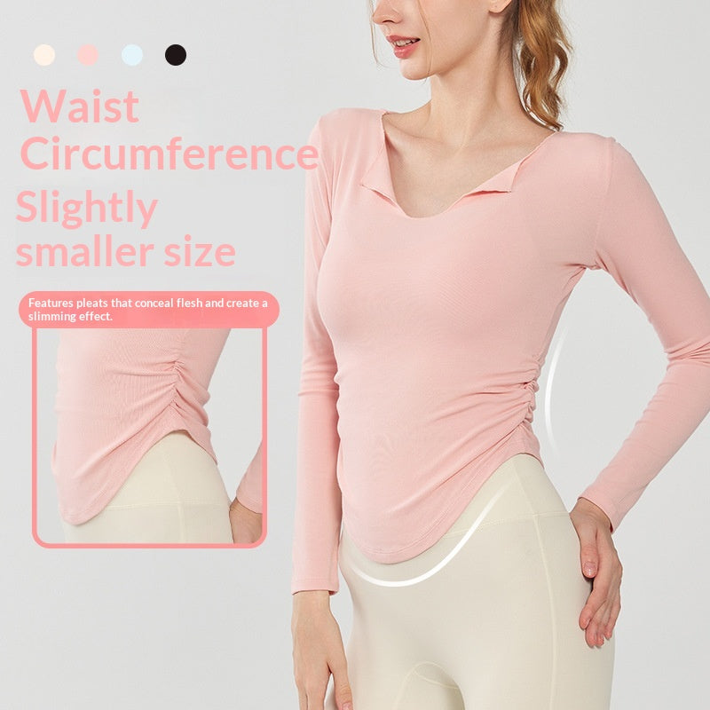 Lapel Thin Cardigan Yoga Coat Autumn And Winter Slim-fit Tight Waist Slimming Pilates Yoga Long-sleeved Fitness Top For Women