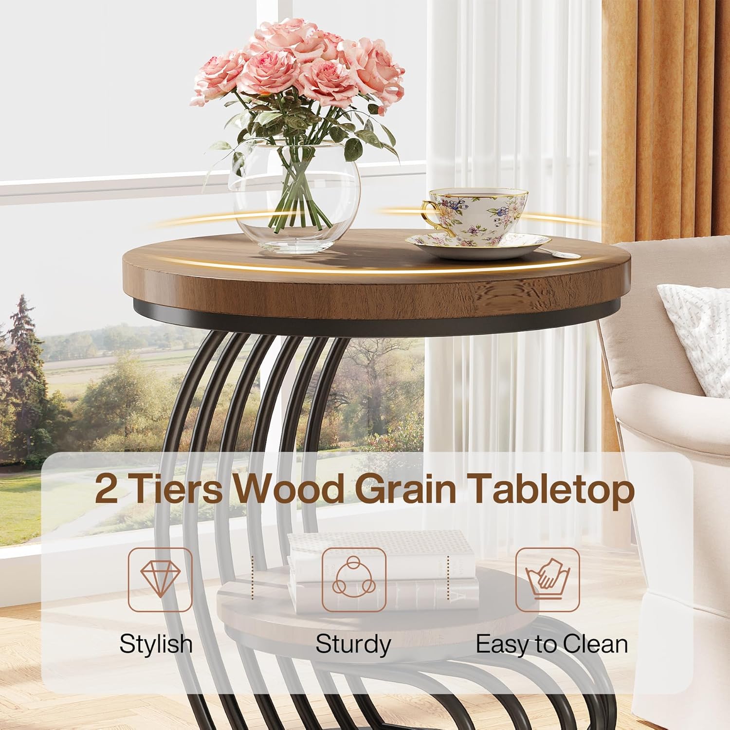 19.68" Round Vintage End Table with 2-Tier Storage