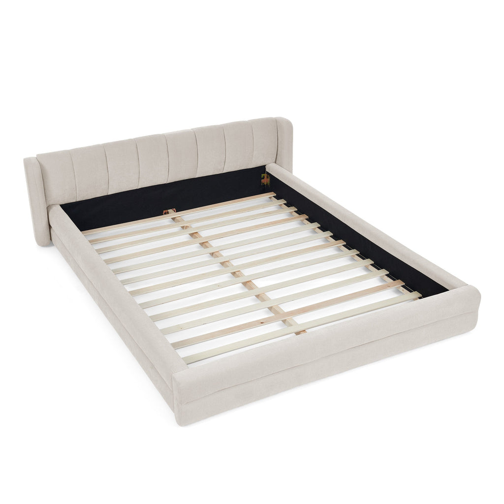 Queen Size Upholstered Bed Frame with Thick Fabric - Beige