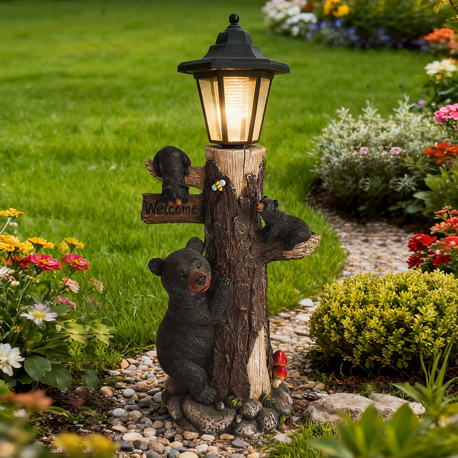 Black Bear Statue Welcome Sign with Solar Light