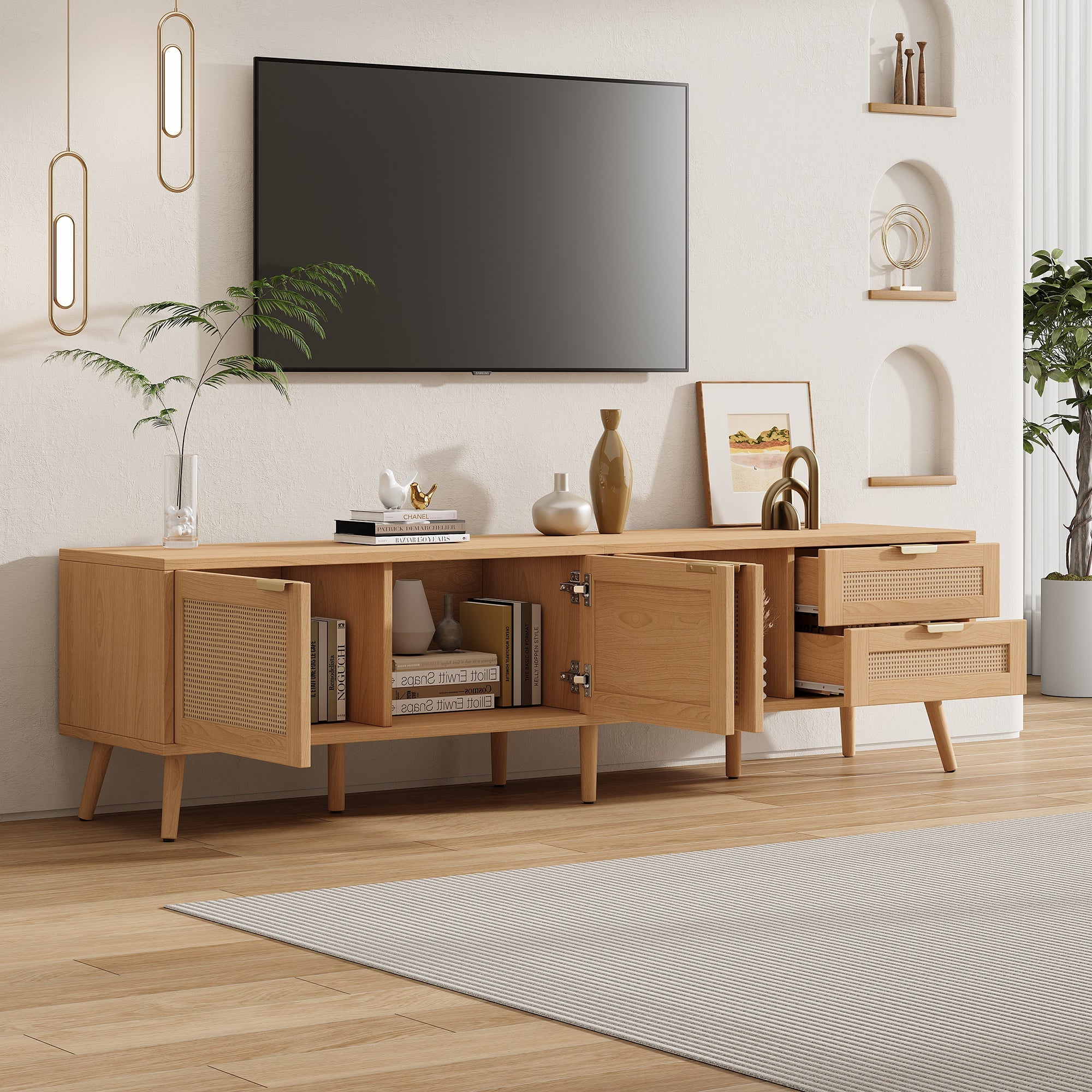 70 Inch Modern TV Stand with Rattan Doors for TVs up to 80"