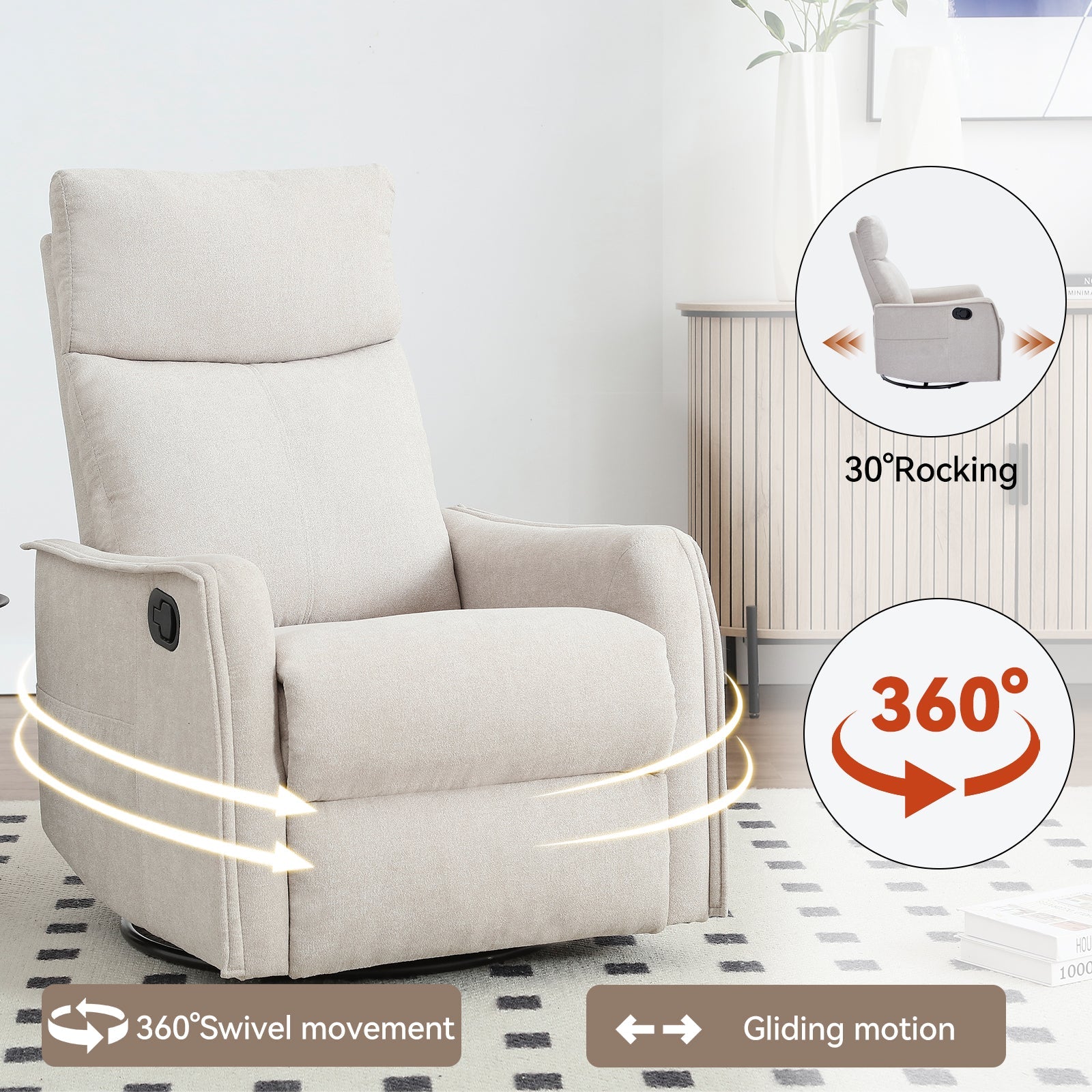 Heat Massage Manual Recliner Chair with Rocker and Swivel in Fabric