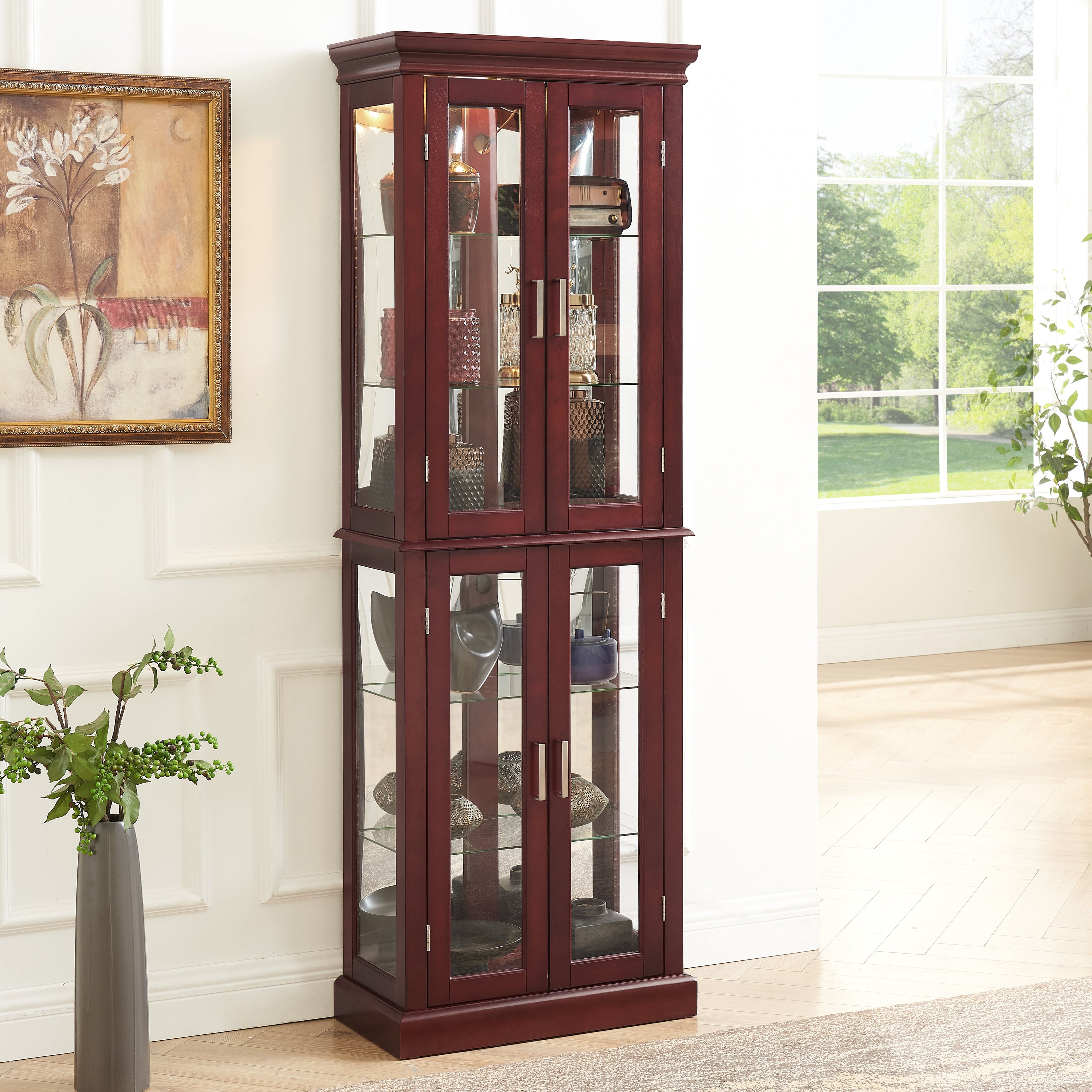 Lighted Curio Cabinet with Adjustable Shelves and Mirrored Back