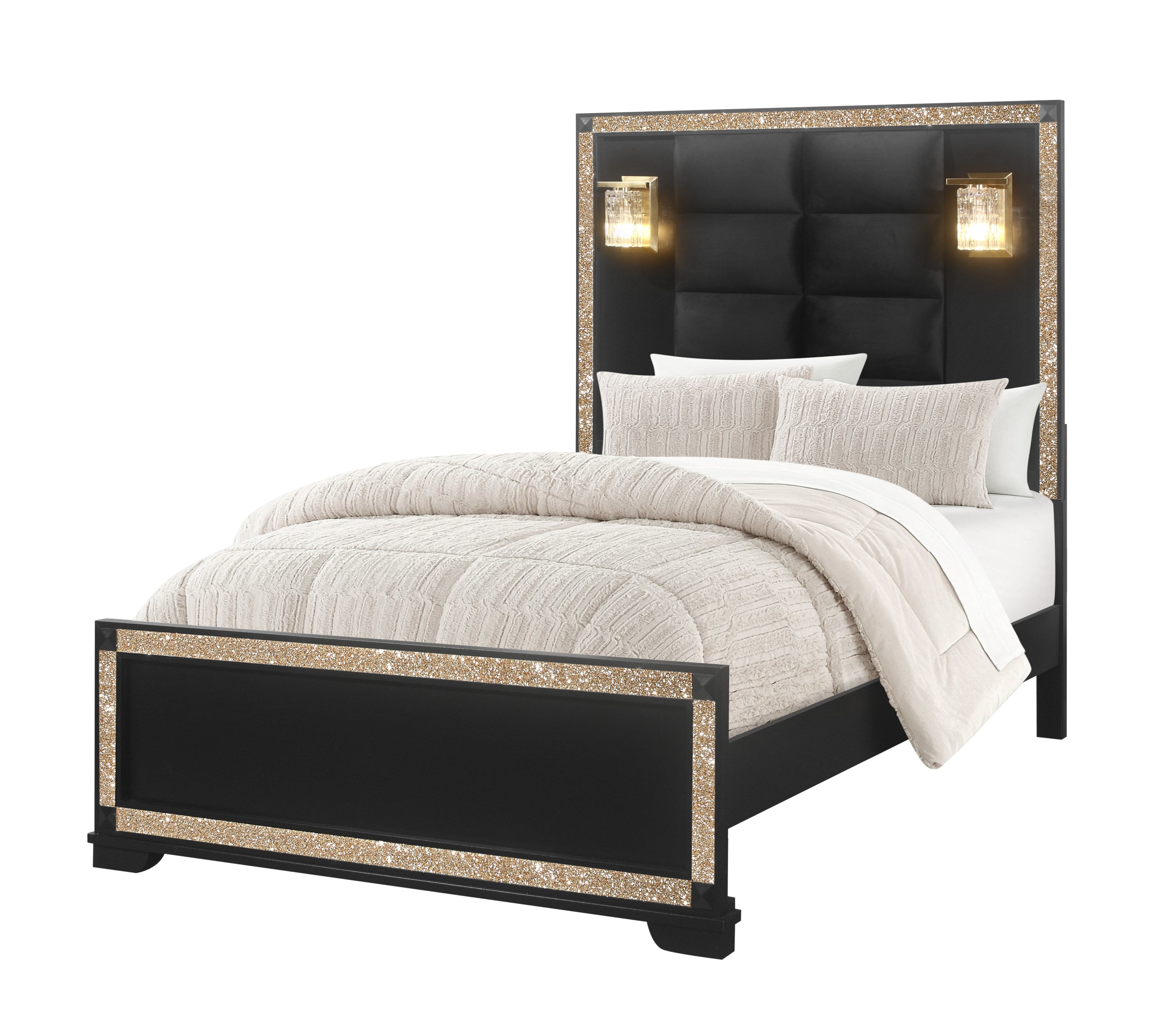 Lively Black/Gold Full Bed With Lamps