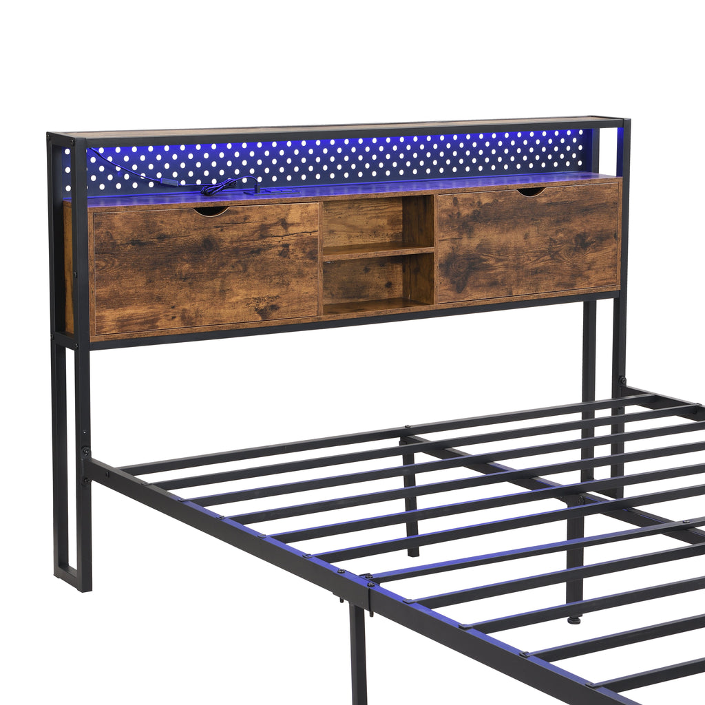 Queen Size Metal Platform Bed Frame with USB Charging Station