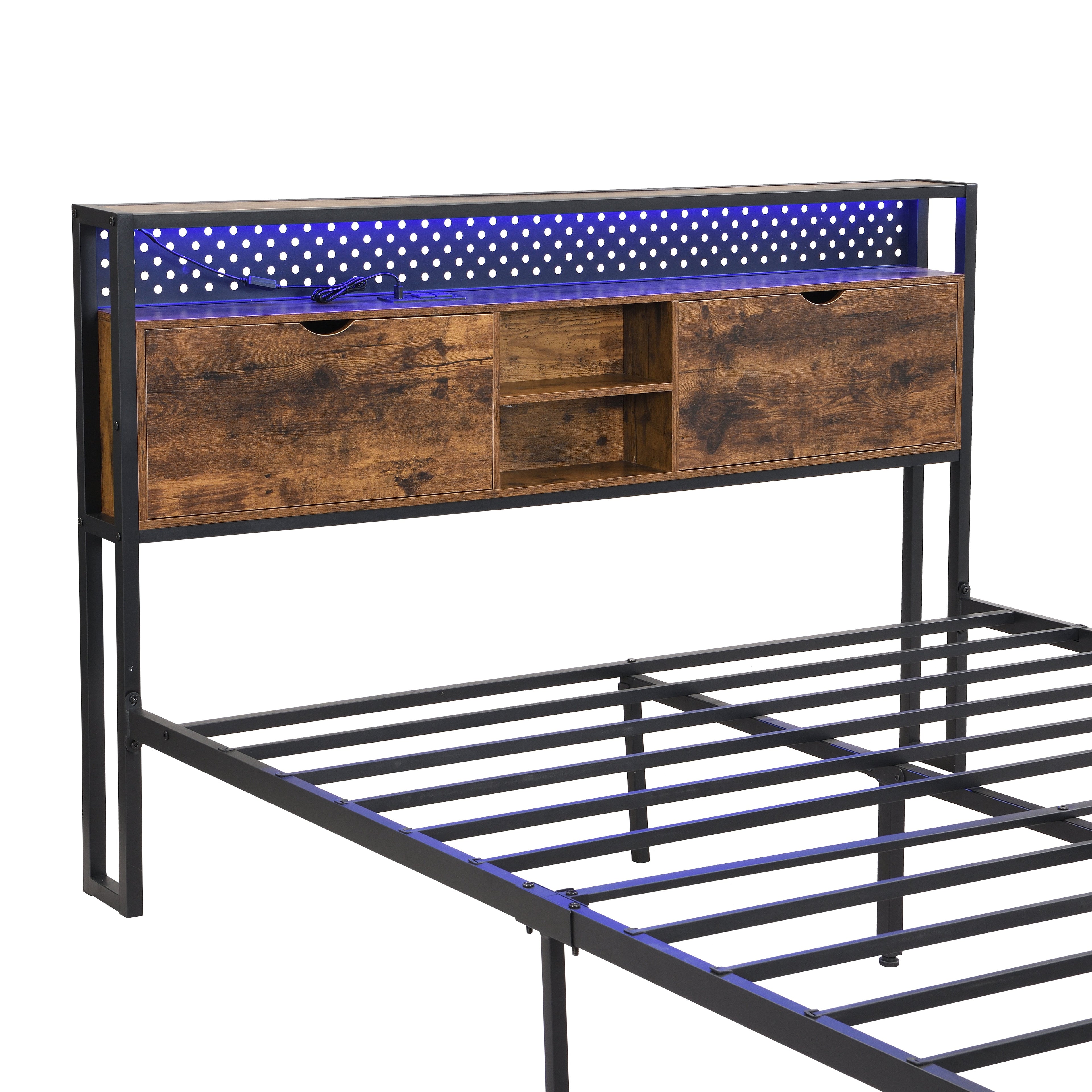 Queen Size Metal Platform Bed Frame with USB Charging Station