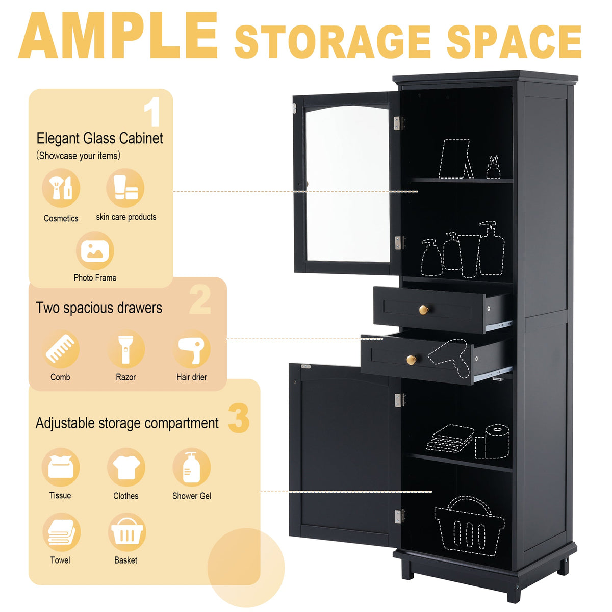 63" Tall Bathroom Storage Cabinet with Glass Doors
