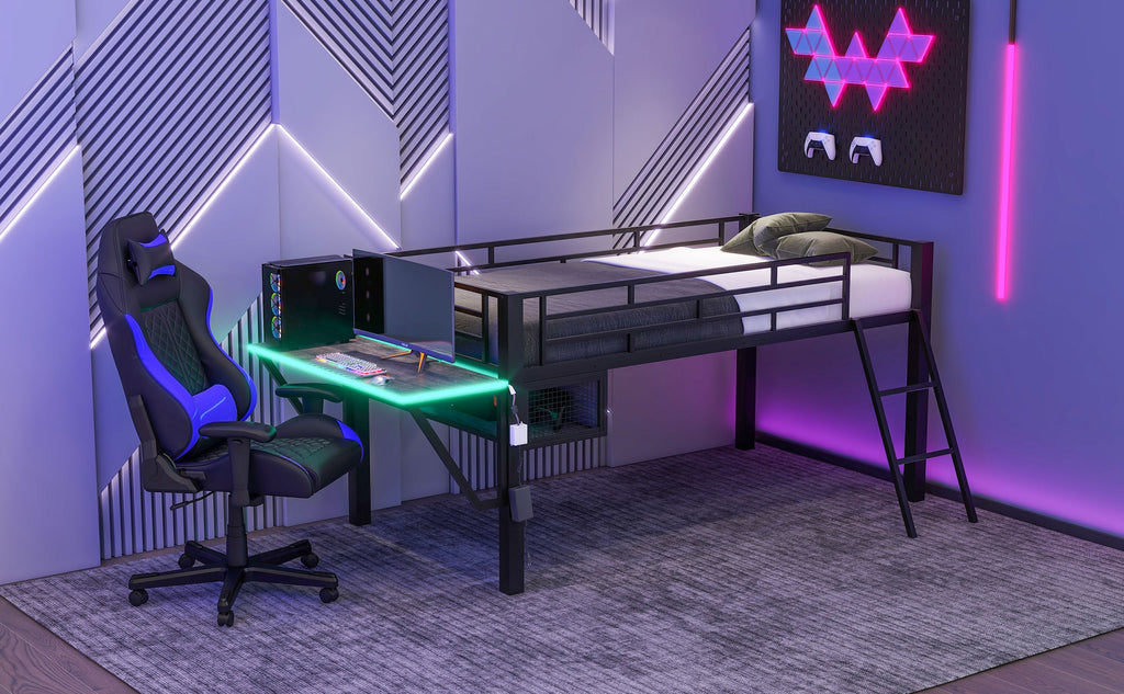 Gaming Mid Loft Bed With Desk & LED, Twin Size