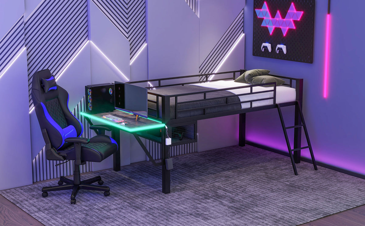 Gaming Mid Loft Bed With Desk & LED, Twin Size