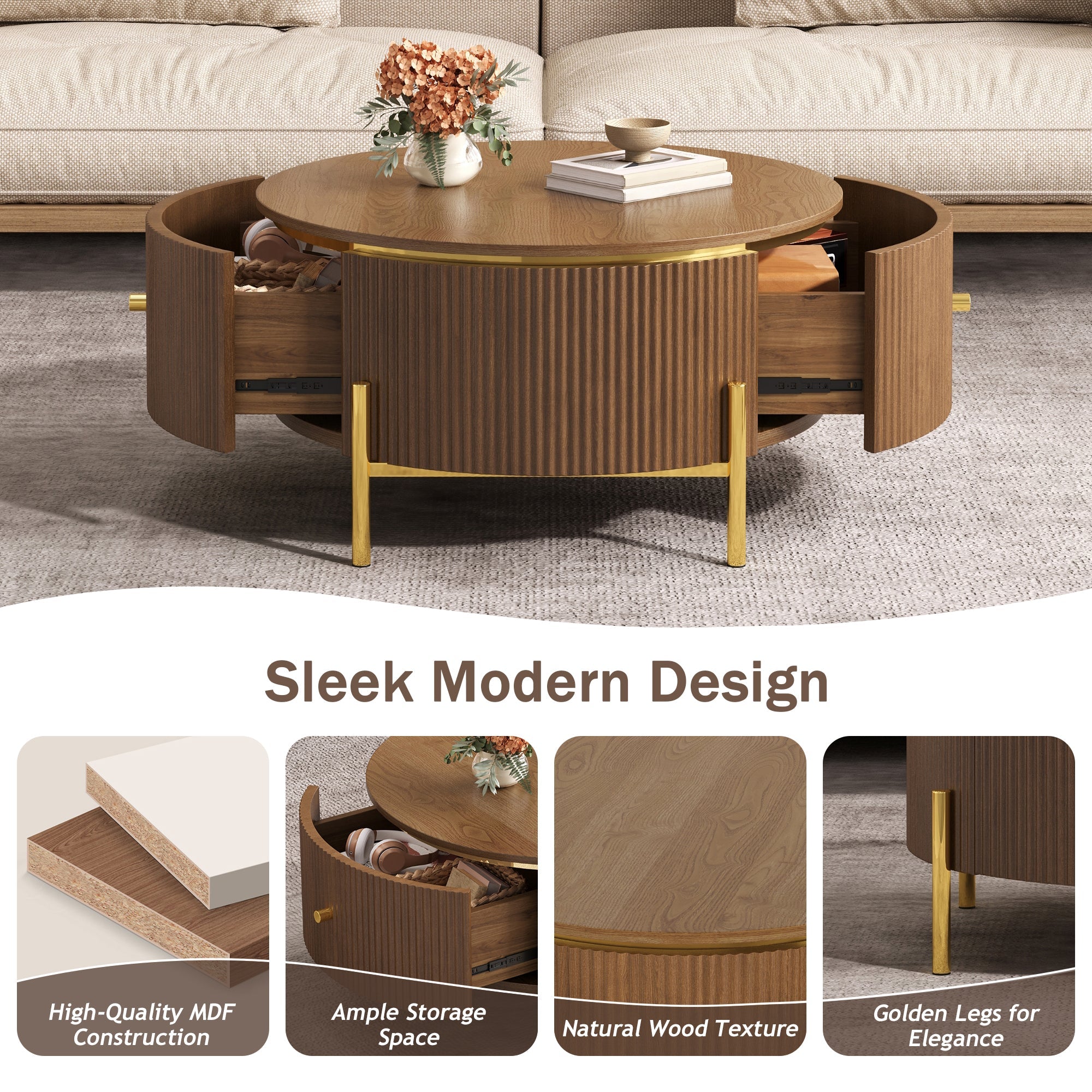 Modern Round Coffee Table with 2 Large Drawers
